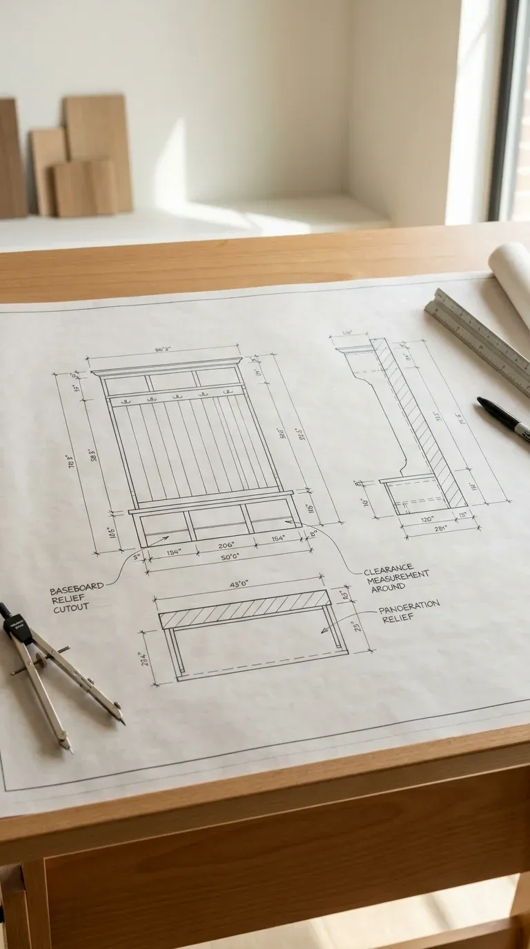 Technical orthographic drawing showing baseboard relief cutouts and clearance measurements for a corner hall tree