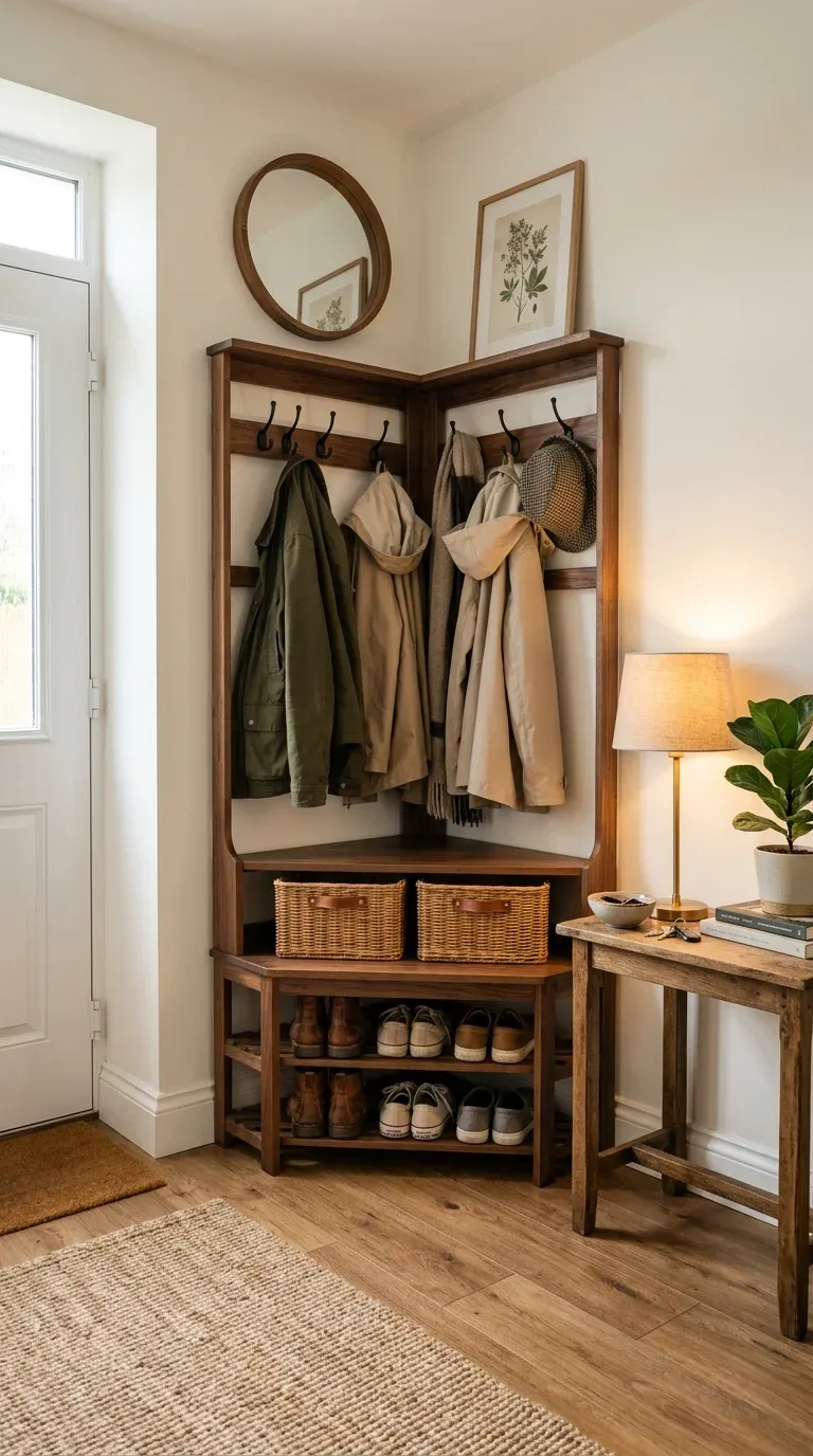 Cozy, organized entryway featuring a corner hall tree complete with shoes on the rack, jackets on the hooks, and a warm lamp nearby