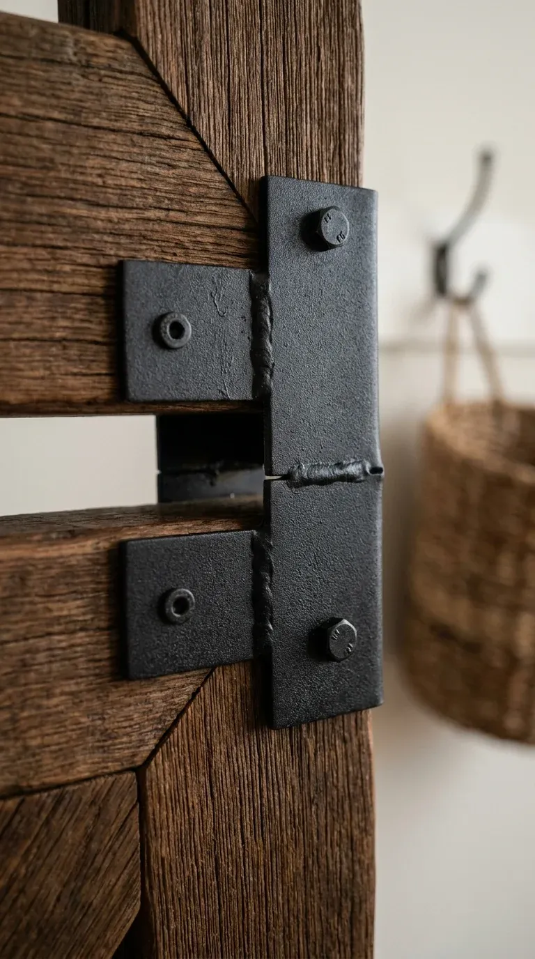 Close-up shot of heavy-duty black powder-coated steel joints and rustic brown wood grain finish