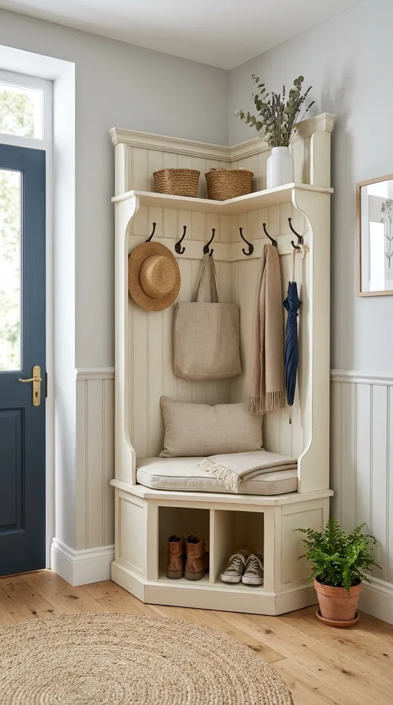 Styled cream-white farmhouse corner hall tree with traditional beadboard back panels in an entryway