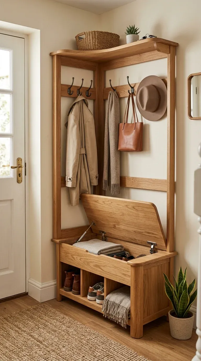 Warm wood corner hall tree with an integrated storage bench seat that flips open on safety hinges