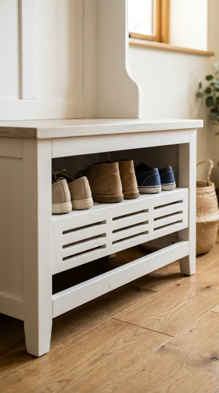 Close-up of an under-bench shoe storage compartment showing ventilation slats and clearance space
