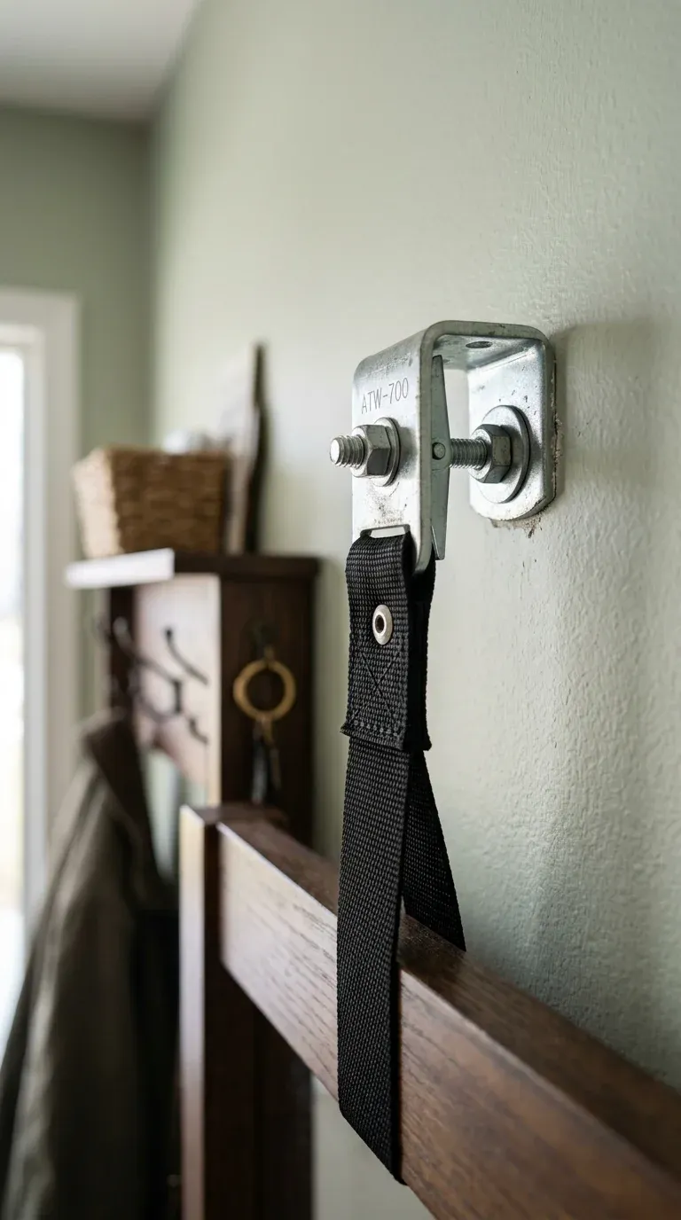 Macro photograph of a heavy-duty steel anti-tip wall strap anchored into a drywall stud with a toggle bolt