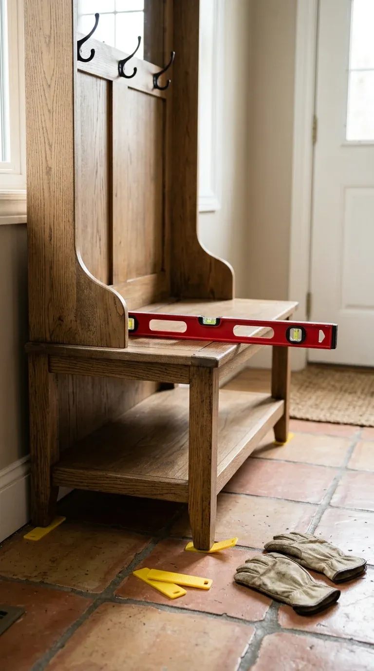 Photo of a carpenter using a spirit level and plastic shims to level a corner hall tree on an uneven tile floor