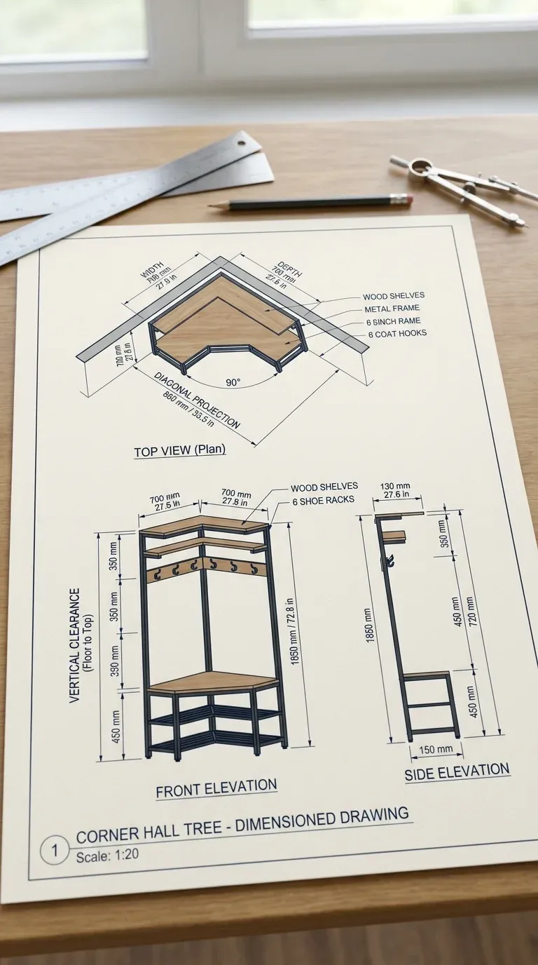 An orthographic blueprint diagram showing width, depth, diagonal projection, and vertical clearance lines
