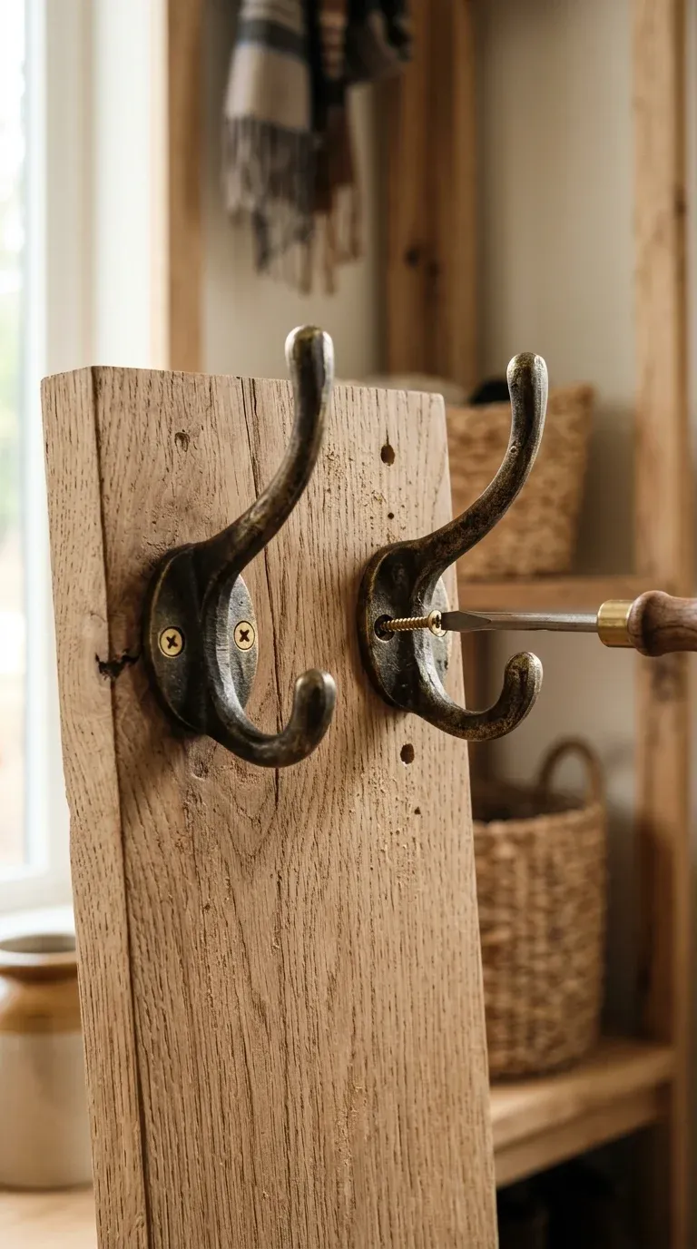Close-up of heavy-duty solid brass double hooks being installed on a reinforced wood backing board