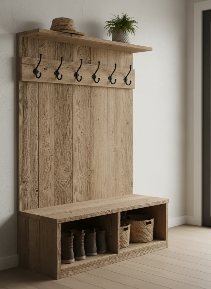 Rustic wooden hall tree with metal hooks and shoe storage