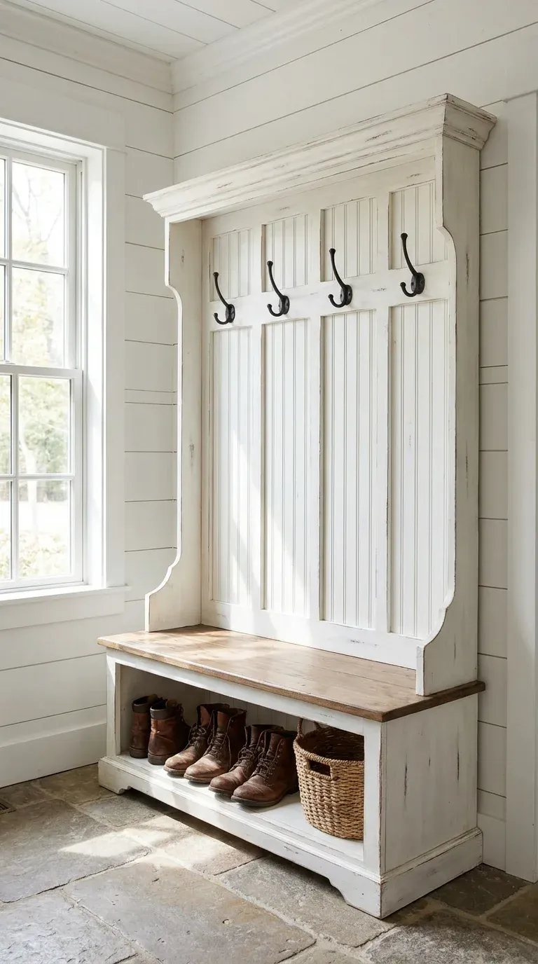 Rustic white wooden farmhouse hall tree situated in a bright, sunlit mudroom with beadboard backing, vintage double-pronged black iron hooks, and a built-in shoe bench holding leather boots