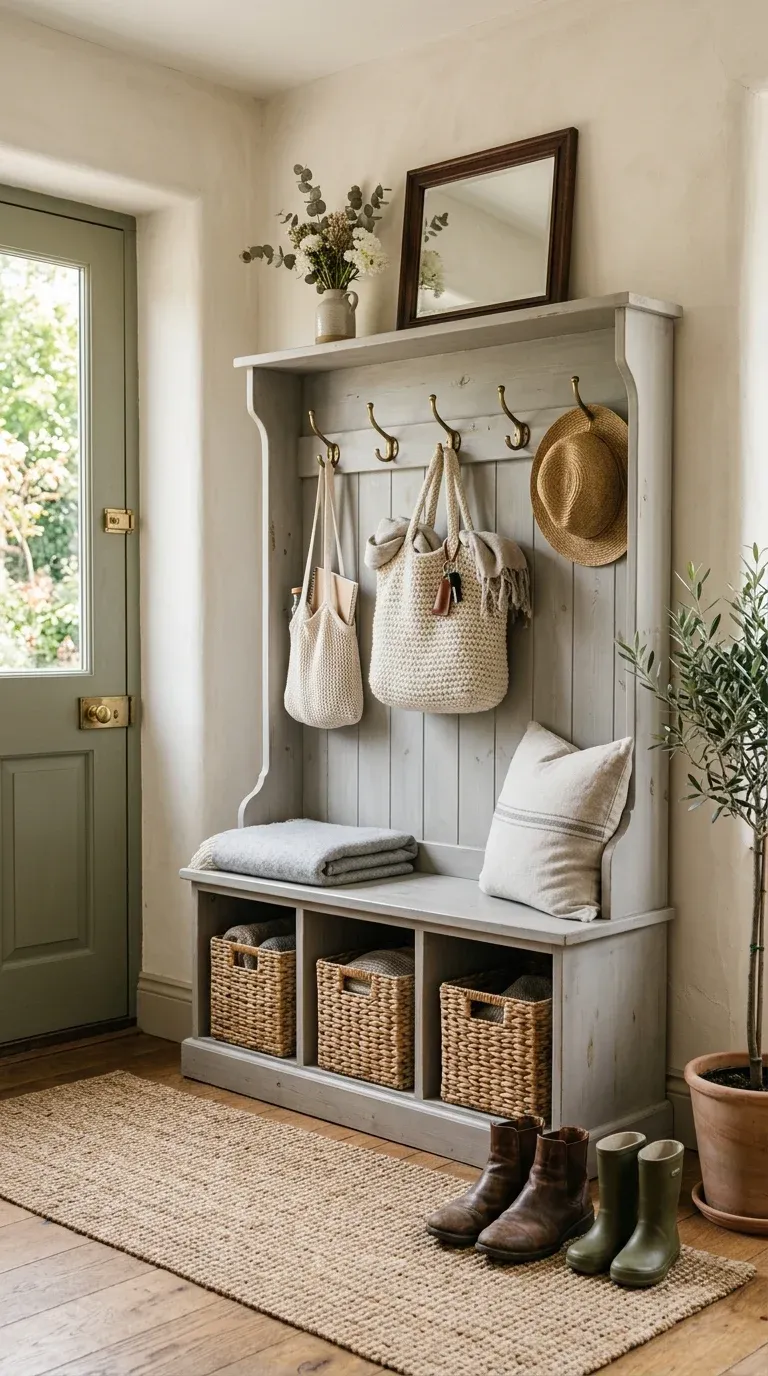 An editorial lifestyle photo showing a family using a farmhouse hall tree, with a child sitting on the bench putting on rain boots while coats hang neatly on the hooks above