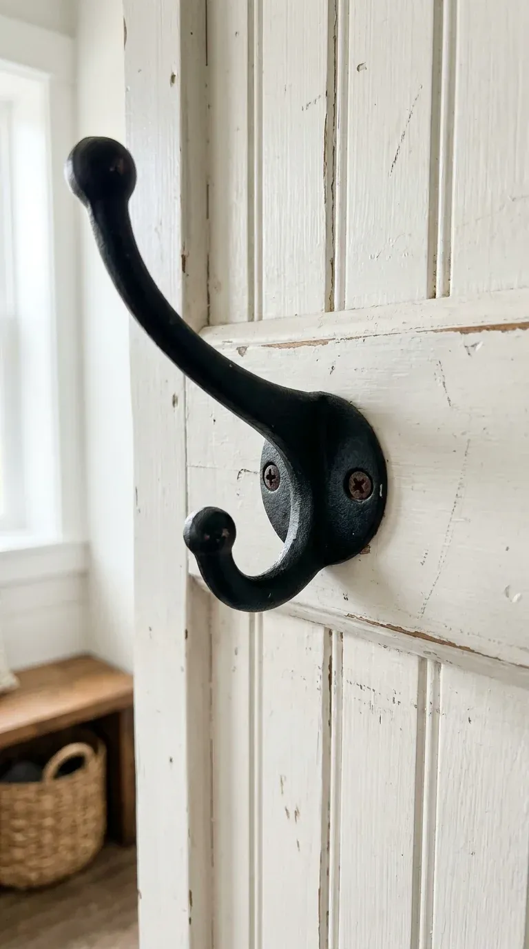 A close-up shot focusing on the matte black cast iron double-prong hook securely screwed into distressed white beadboard backing on a farmhouse entryway unit