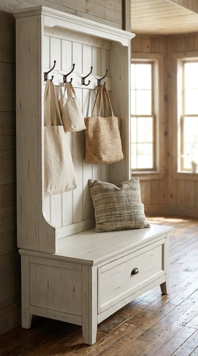 A beautifully styled Crosley-style farmhouse hall tree in distressed white, featuring a built-in drawer at the base, four hooks hanging canvas bags, and a comfortable throw pillow on the bench seat