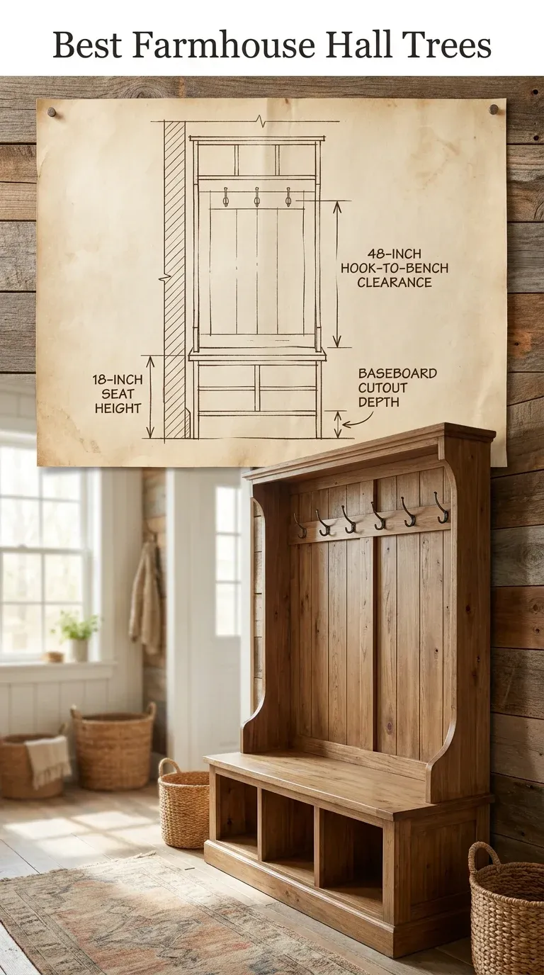 An technical diagram illustrating key dimensions of a farmhouse hall tree, pointing out the 18-inch seat height, 48-inch hook-to-bench clearance, and baseboard cutout depth