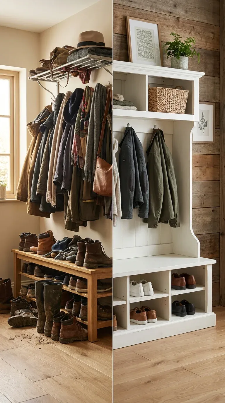 A side-by-side visual comparison in an entryway, showing a cluttered standalone coat rack and shoe bench on the left versus a clean, organized farmhouse hall tree on the right