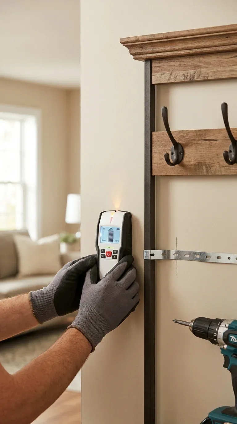 Hands-on installation shot showing a person using a digital stud finder on a drywall surface next to the top rail of a farmhouse hall tree, preparing to screw in a metal safety strap