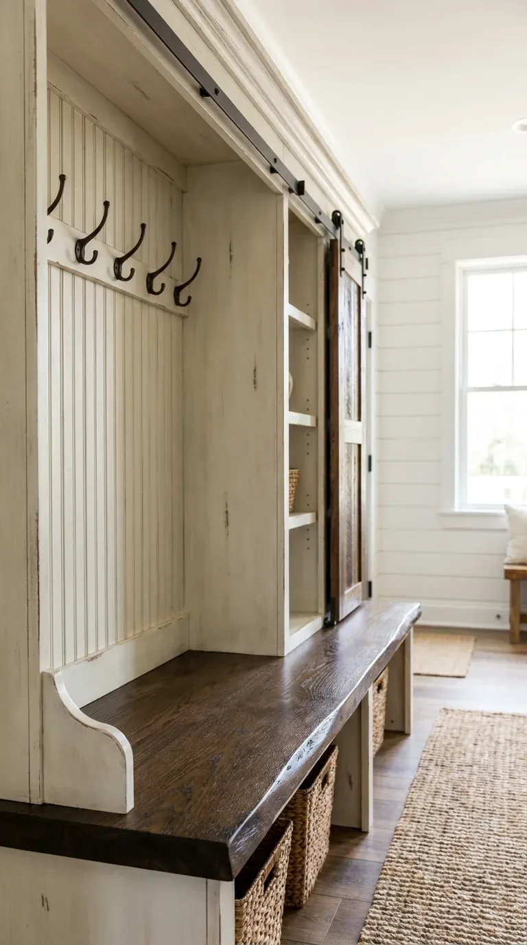 A beautifully detailed shot of a two-tone farmhouse hall tree featuring a dark stained oak bench seat, antique white painted frame, and sliding mini barn door cabinet hardware