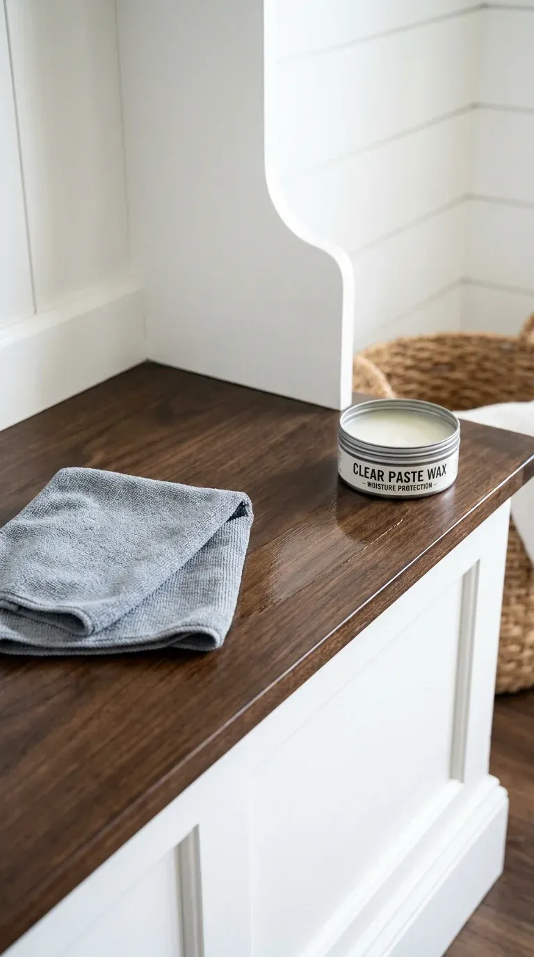 A homeowner applying clear paste wax with a soft microfiber cloth to the dark stained wooden bench of a white farmhouse hall tree to protect it from moisture damage