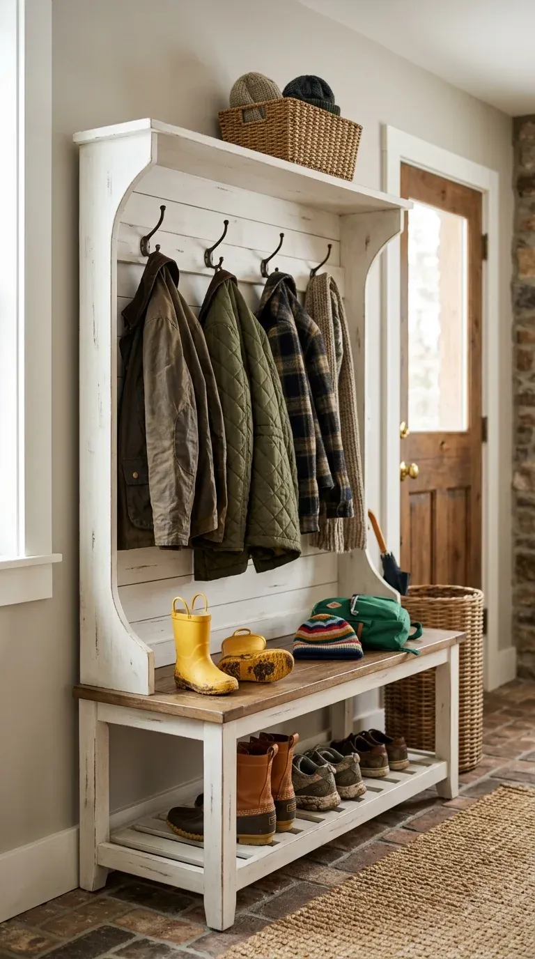 A beautifully arranged entryway featuring a rustic, light gray farmhouse hall tree with natural wicker storage baskets tucked into the lower cubbies, brass hooks holding knit bags, and warm lighting