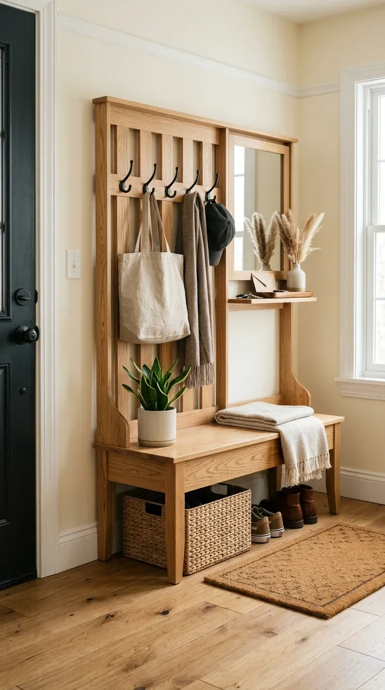 Original Photography: Real-world entryway setup with natural oak finish