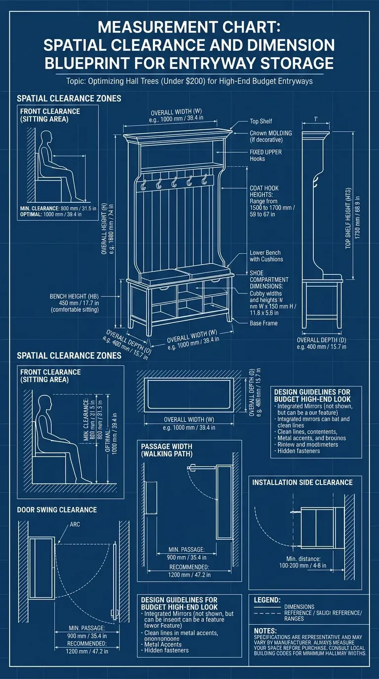 Measurement Chart: Spatial clearance and dimension blueprint for entryway storage