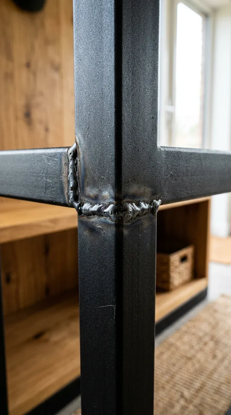 Original Photography: Industrial matte black metal frame welded joints closeup