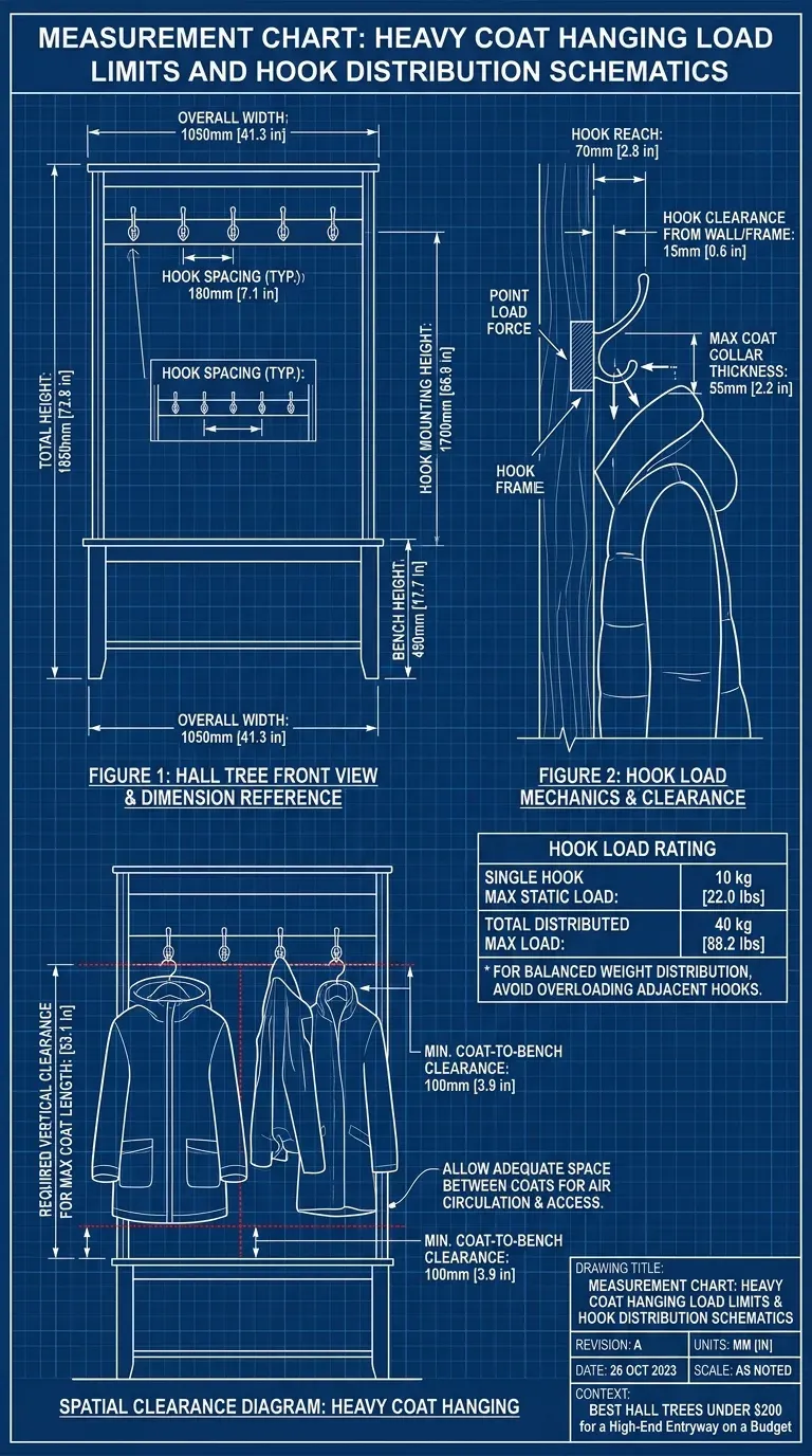 Measurement Chart: Heavy coat hanging load limits and hook distribution schematics