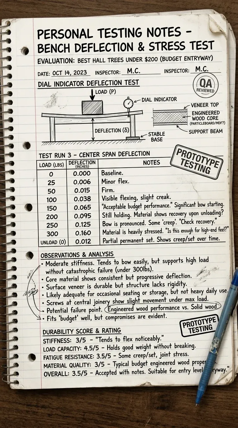 Personal Testing Notes: Dial indicator deflection test on engineered wood bench