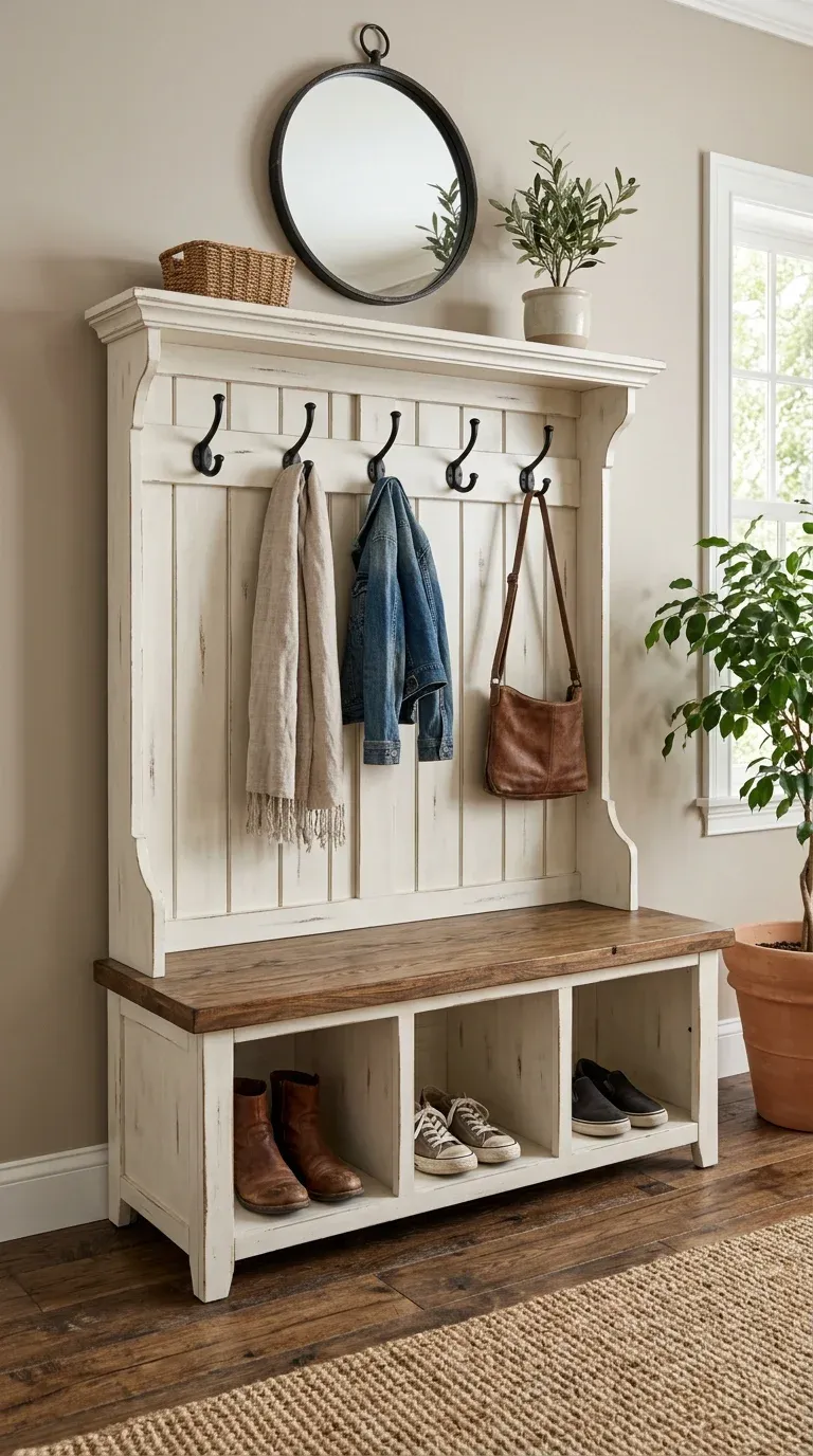 Original Photography: Farmhouse style white-finished shoe compartment assembly