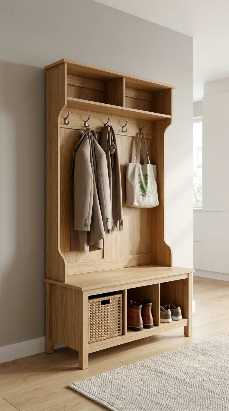 Original Photography: Real-world entryway setup with natural oak finish