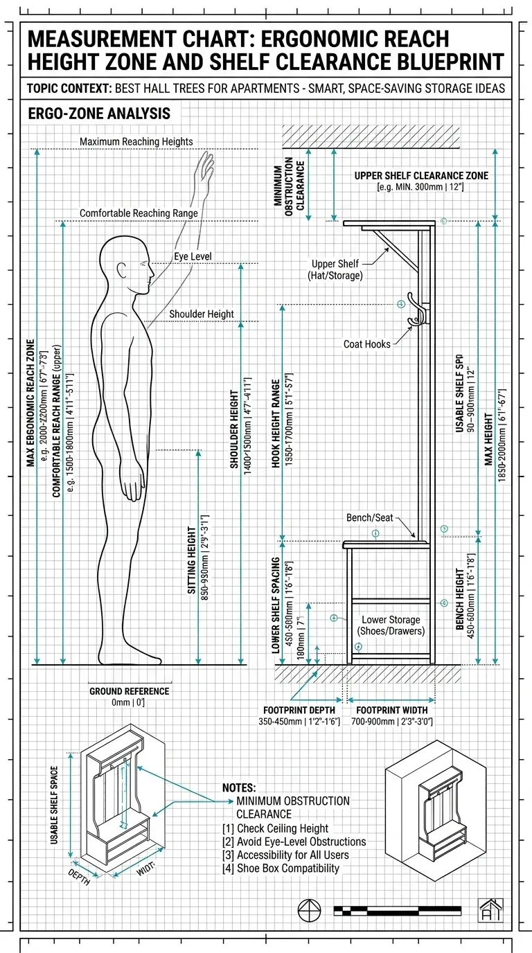 Measurement Chart: Ergonomic reach height zone and shelf clearance blueprint
