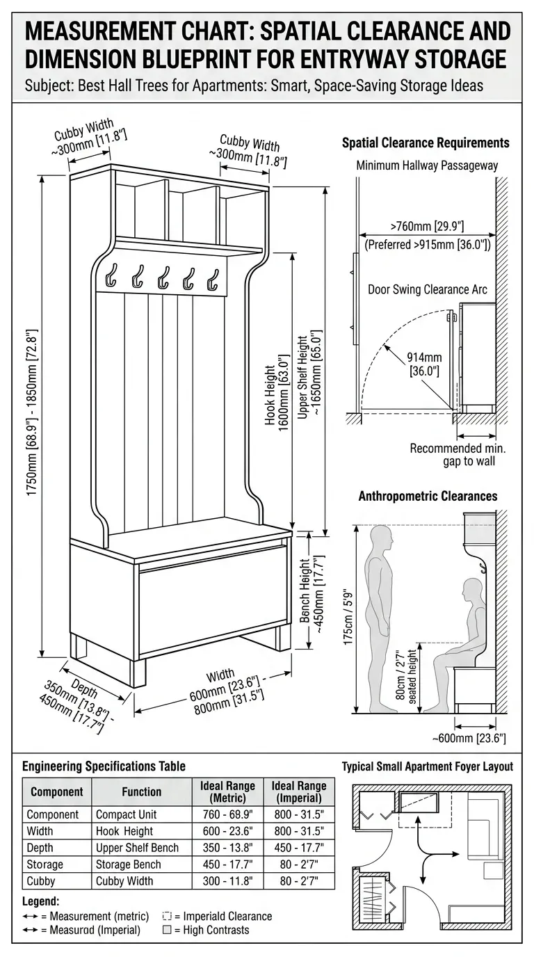 Measurement Chart: Spatial clearance and dimension blueprint for entryway storage