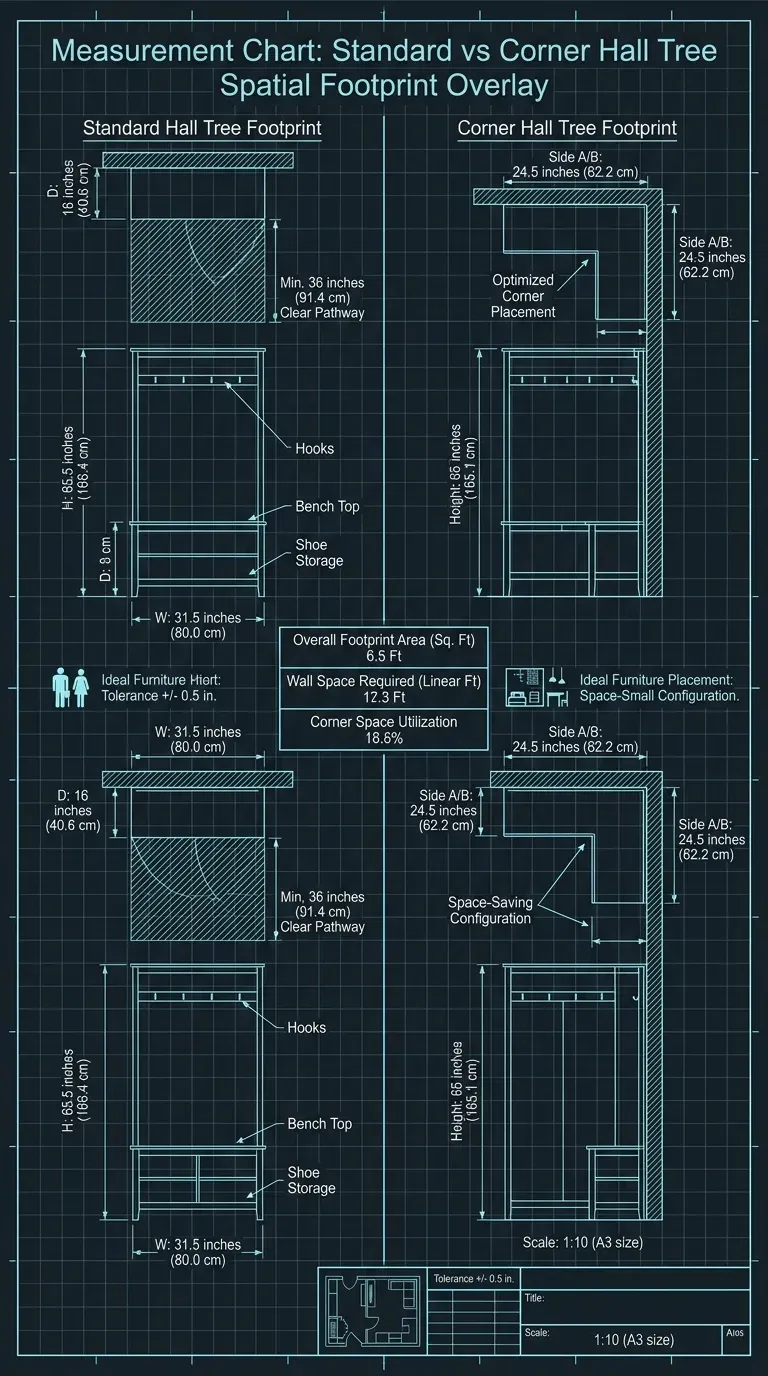 Measurement Chart: Standard vs corner hall tree spatial footprint overlay