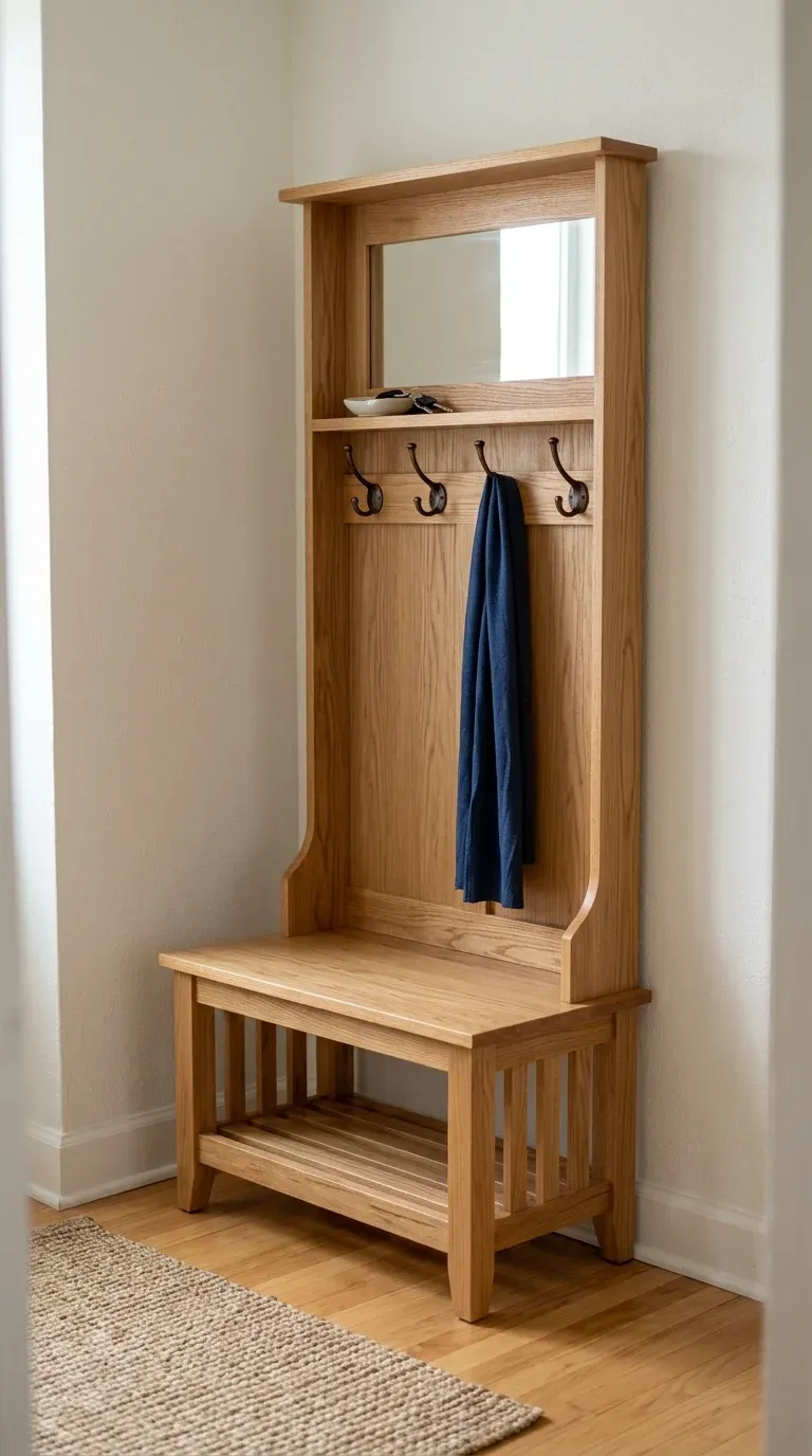 Original Photography: Small foyer corner hall tree with wooden bench finish
