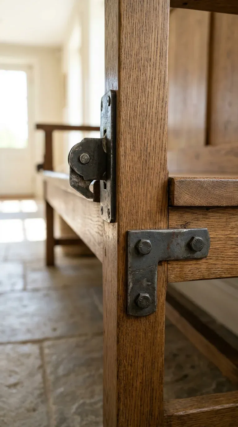 Detailed close-up showing a heavy-duty steel cam-lock assembly and double-bolted corner brace on a solid oak entryway hall tree bench