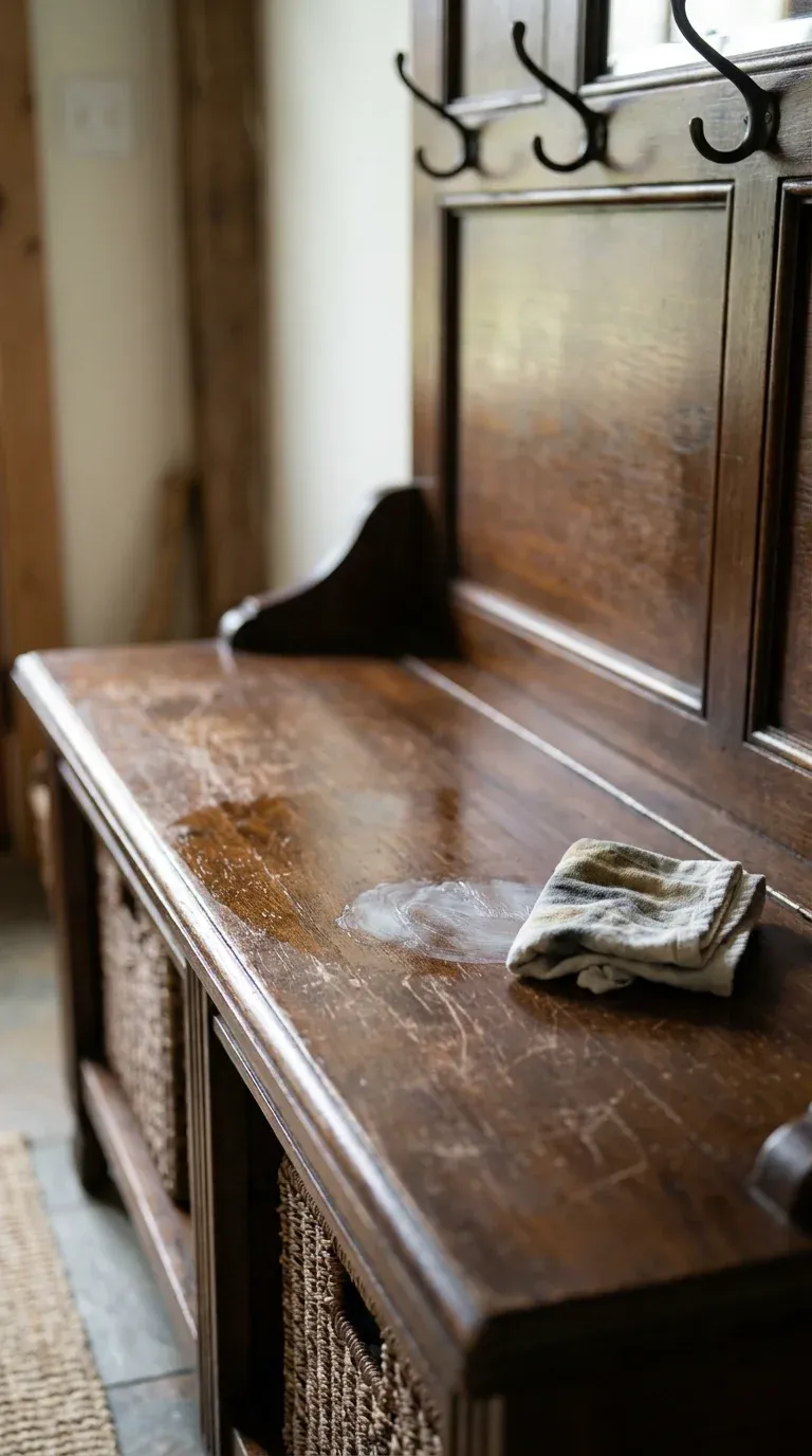 Applying clear wax to a heavily used hall tree seat to restore its water-resistant finish