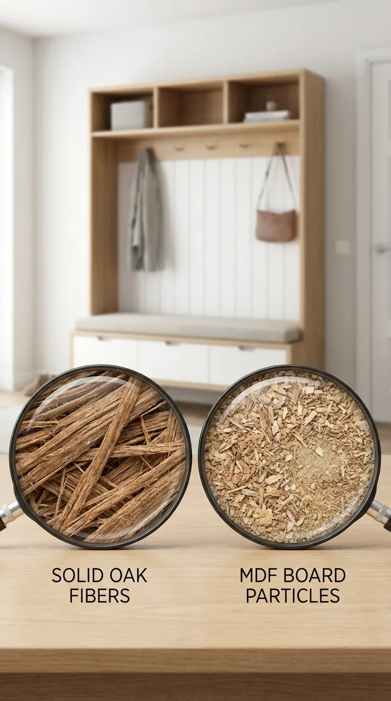 Microscope-style comparison of wood fibers in solid oak versus compressed particles in standard MDF board