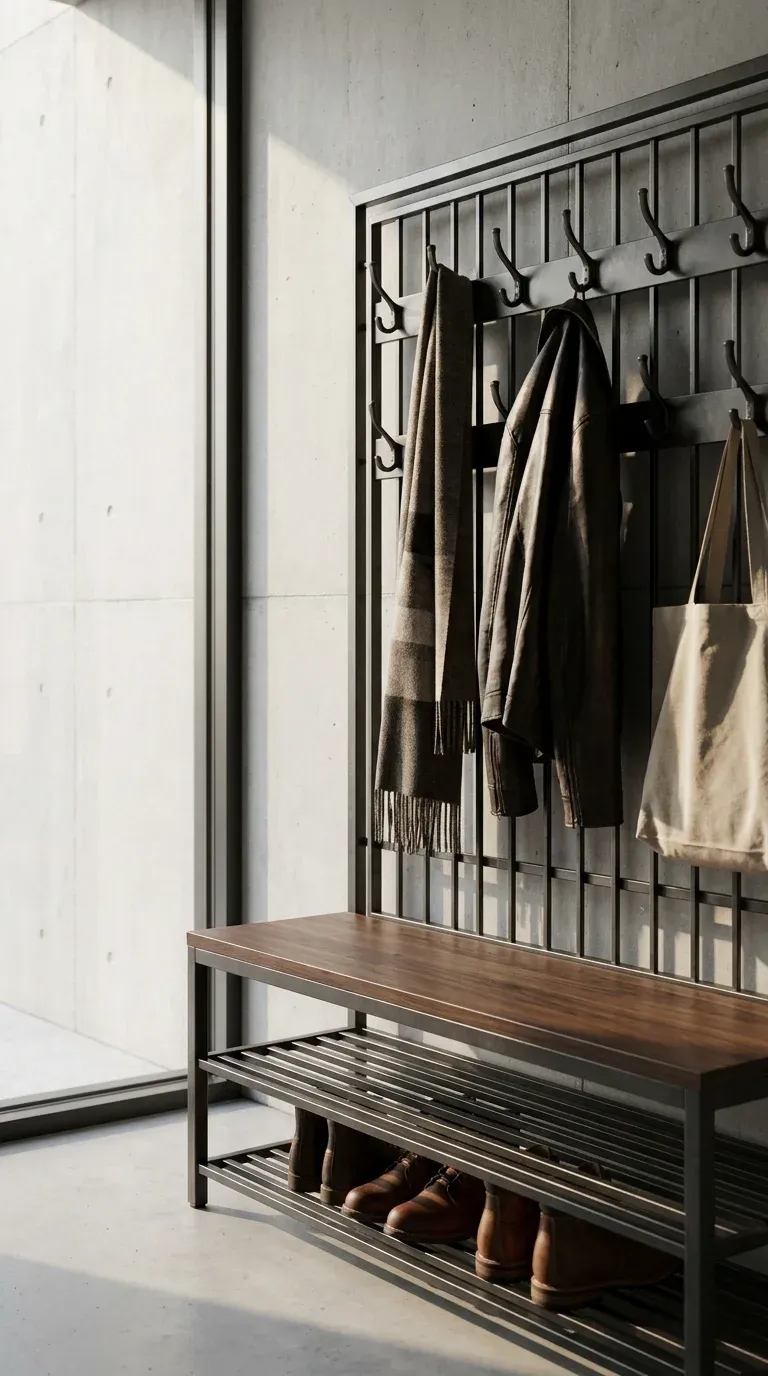 Industrial metal and dark wood hall tree with an integrated lower shoe shelf and nine adjustable metal hooks