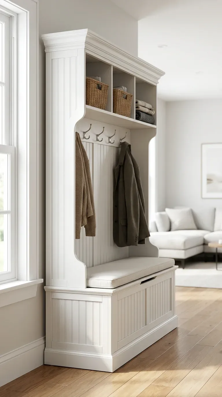 White beadboard hall tree featuring a flip-top storage bench and classic crown molding details
