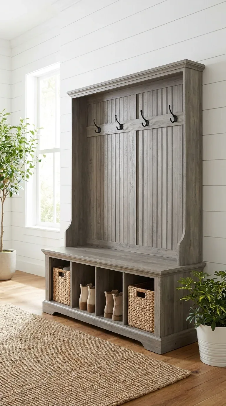 Modern farmhouse hall tree with a weathered gray finish, lower shoe cubbies, and four black metal double-pronged hooks