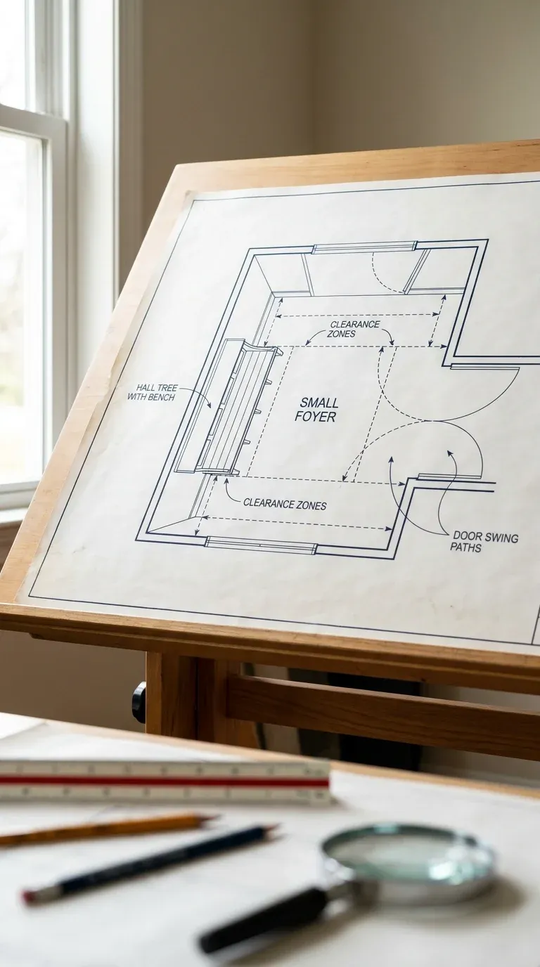 Floor plan schematic showing clearance zones and door swing paths around a hall tree in a small foyer
