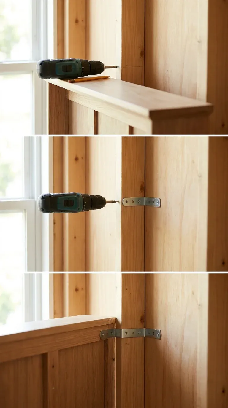 Step-by-step diagram of securing an L-bracket anti-tip wall anchor to a wall stud