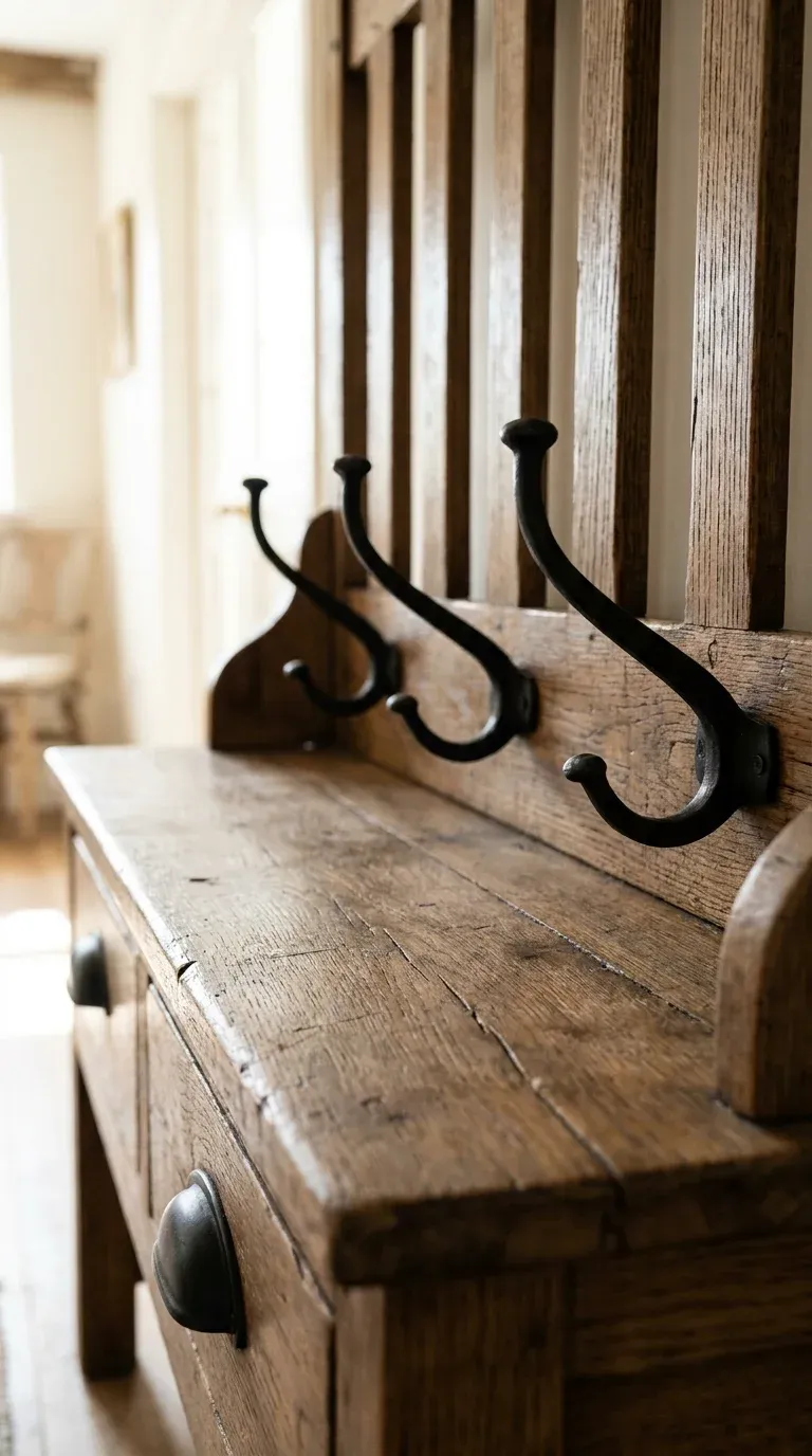 Close-up of matte black hardware on a weathered oak hall tree bench showing wood grain texture
