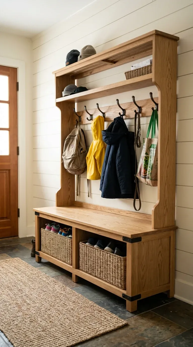 Original Photography: Real-world entryway setup with natural oak finish