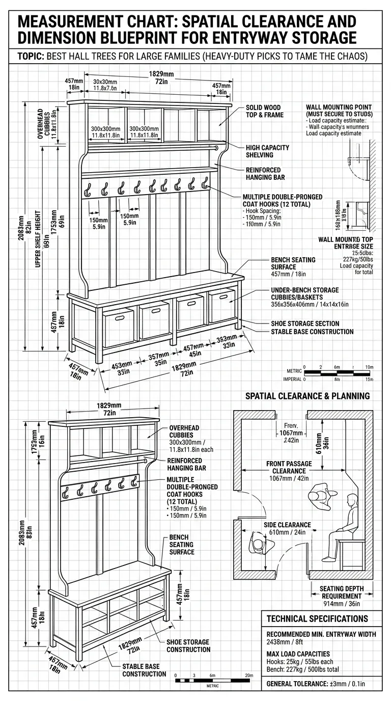 Measurement Chart: Spatial clearance and dimension blueprint for entryway storage