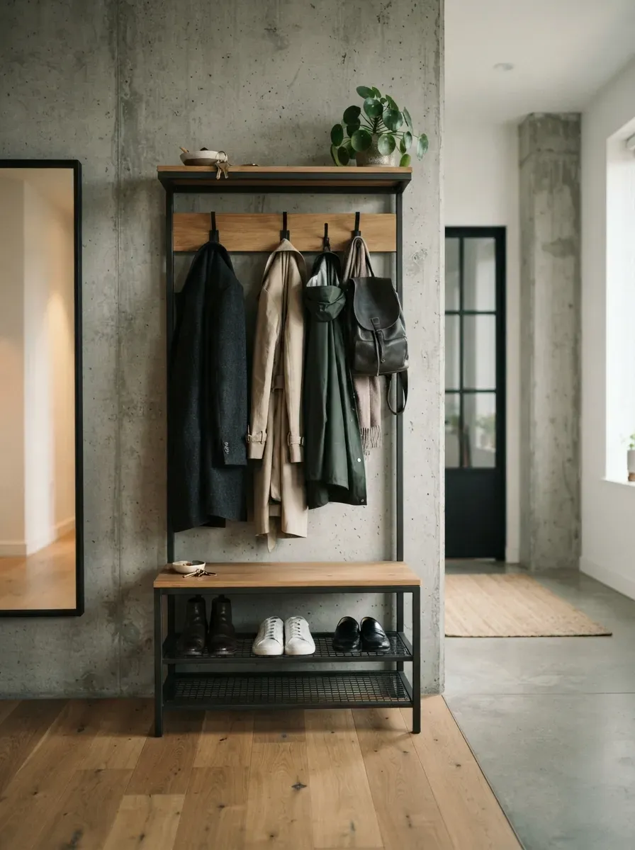 A modern industrial entryway featuring a sleek hall tree with organized shoes and hanging coats