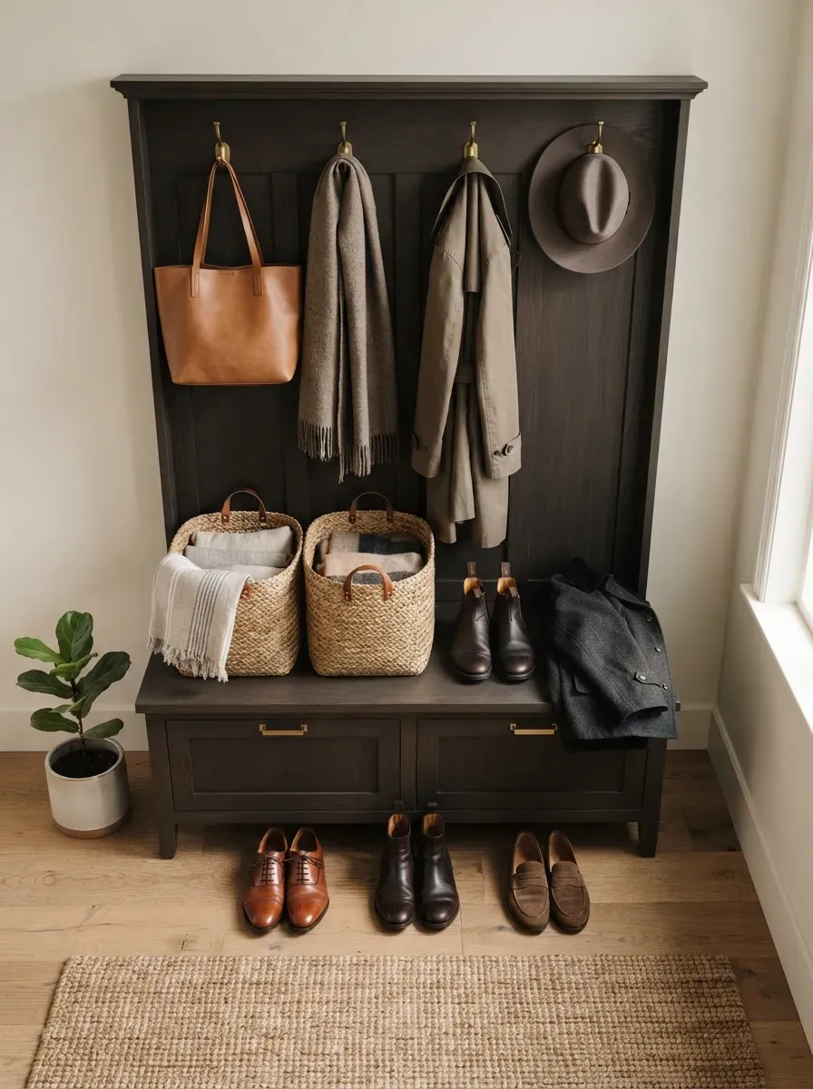An overhead shot of a neatly organized hall tree bench with baskets and leather shoes