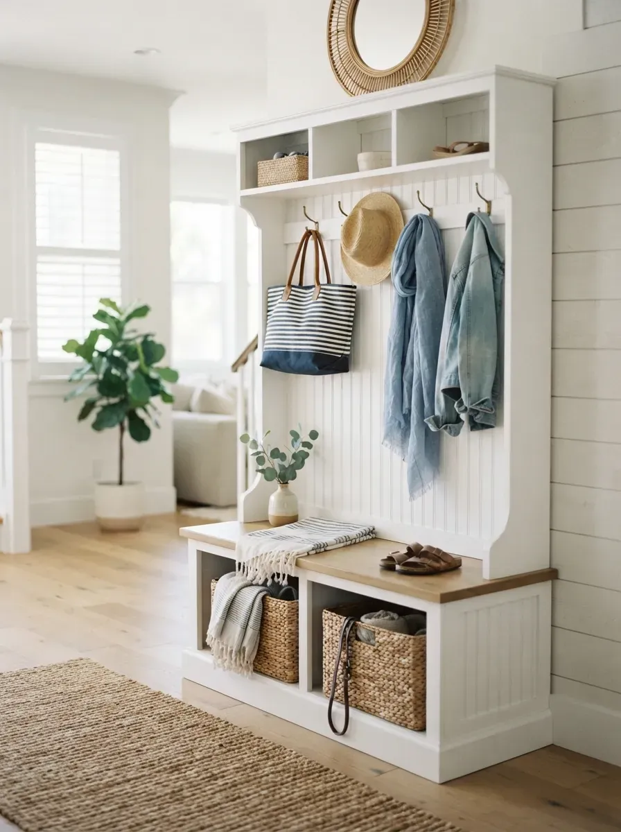 A bright, coastal style entryway featuring a white beadboard hall tree with a built-in storage bench