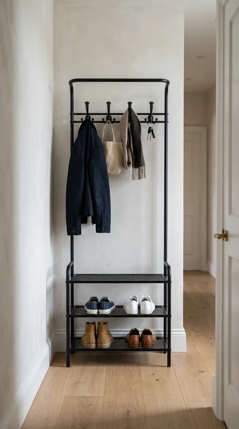A minimal black powder-coated steel hall tree with dual-tier mesh shoe shelves and four double hooks standing against a clean plaster wall, showcasing precise alignment in a narrow 36-inch wide corridor.
