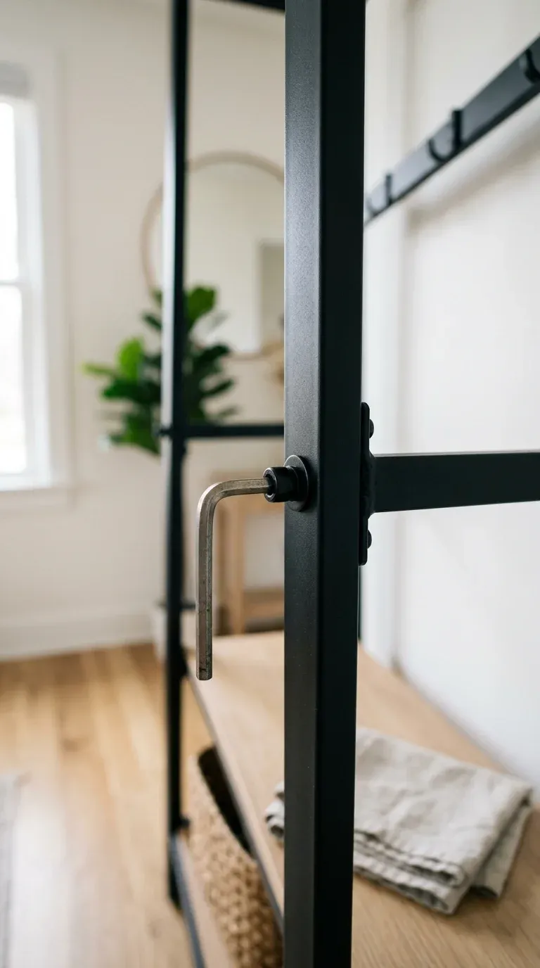 Close-up of a hand using an Allen wrench to tighten connection bolts on a matte black steel hall tree frame, showing basic preventive home maintenance.