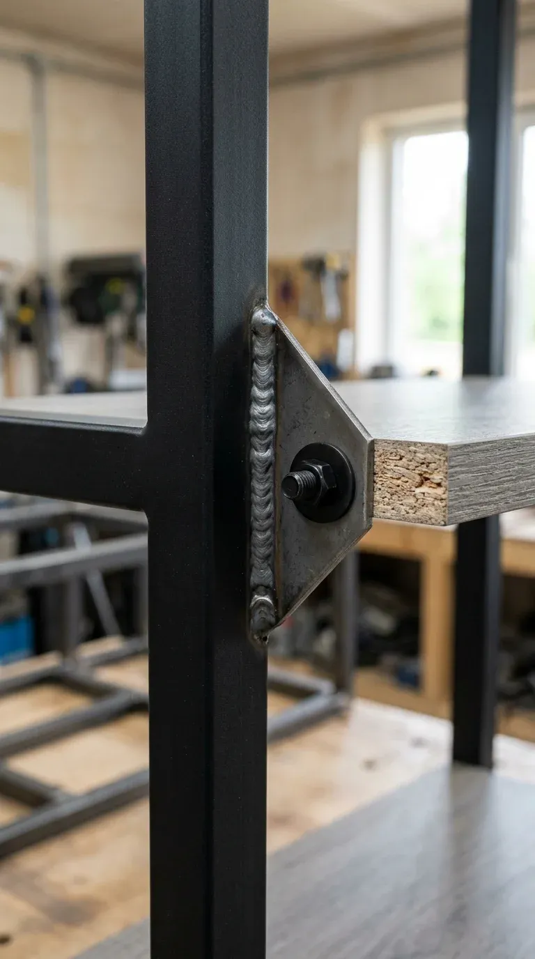 Close-up engineering view of welded steel joints and thick melamine-faced particle board on an industrial hall tree frame, highlighting high-tensile fasteners and structural integrity.