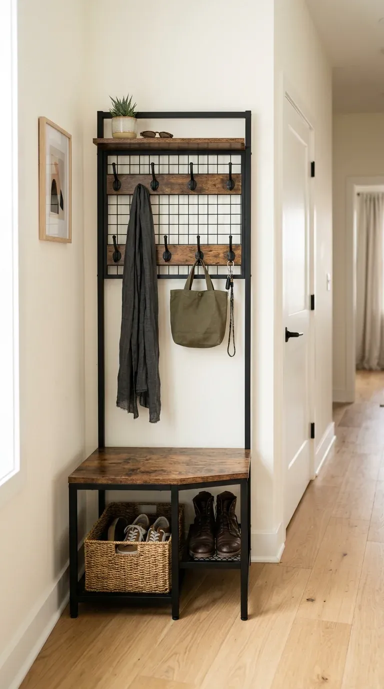 An ultra-slim industrial hall tree with a rustic brown engineered wood bench, matte black steel frame, and nine adjustable hooks, positioned in a bright 32-inch wide hallway.